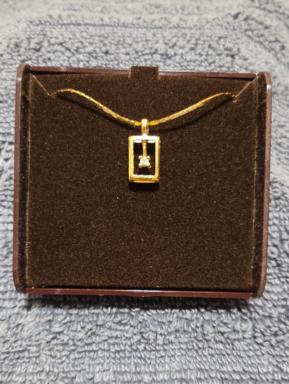 Gold Rectangular Pendant Necklace with Single Center Crystal Accent